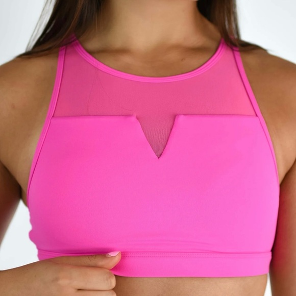 FLEO Maeve Sports Bra Light Support Pink Mesh High Neck Racerback Size XS NWT - Picture 3 of 8